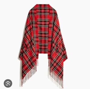 J. Crew factory plaid cape scarf fringe in red tartan plaid with arm holes h2857